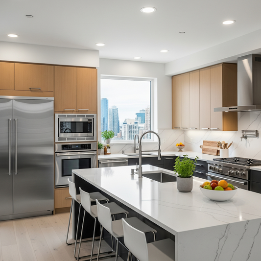 Un insieme di cucina moderna di design abbinata di acciaio inox, legno e rivestimenti in stile marmo bianco