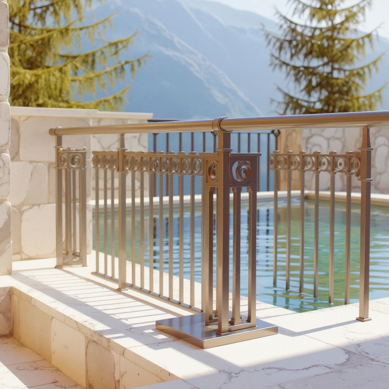 ringhiera in acciaio inox montata a bordo piscina esterna