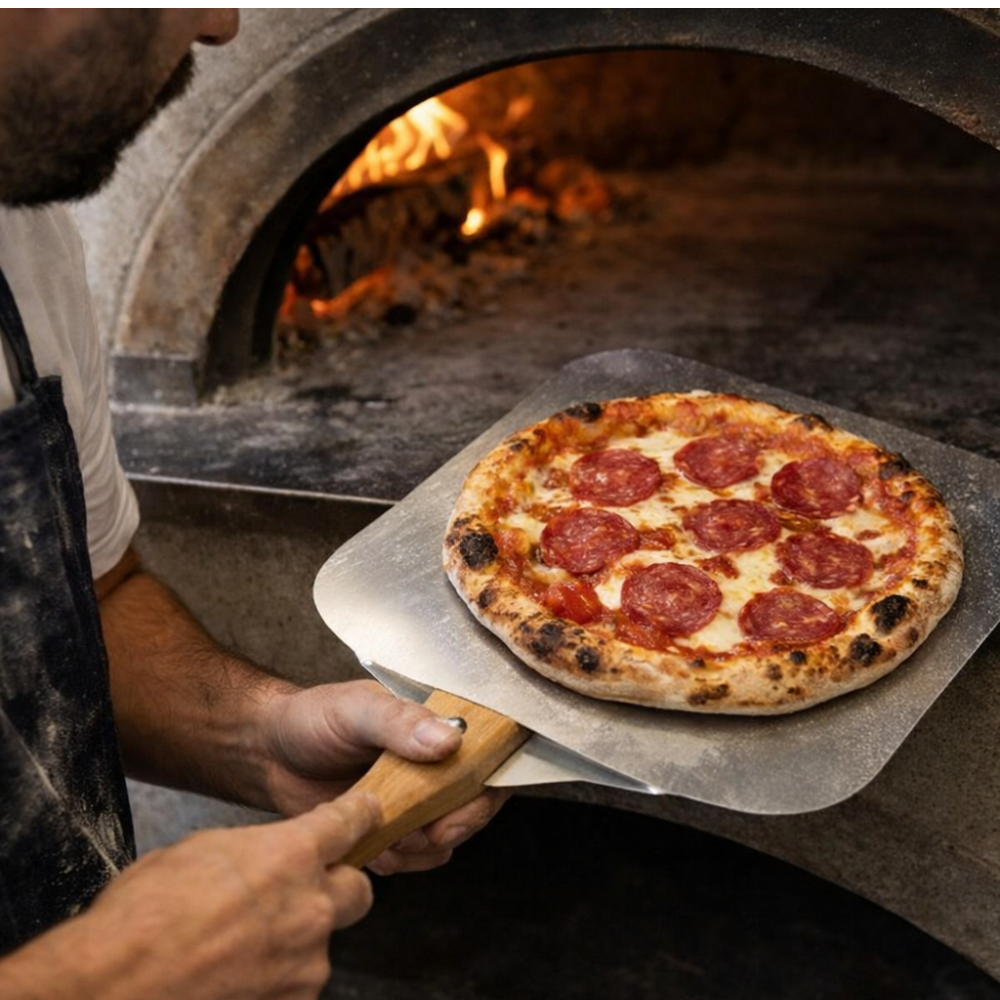pizzaiolo che sforna pizza da forno a legna con pala inox