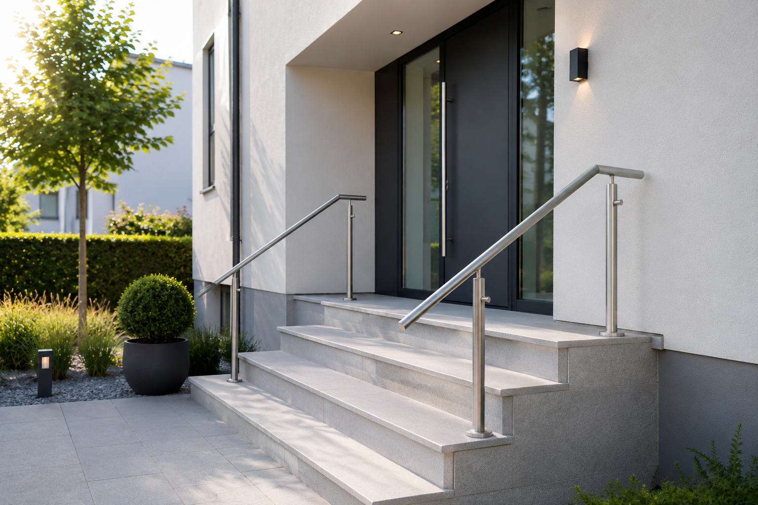esterno casa moderna con scale e corrimano inox