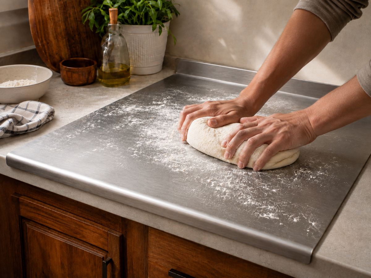 persona che impasta su spianatoia inox 