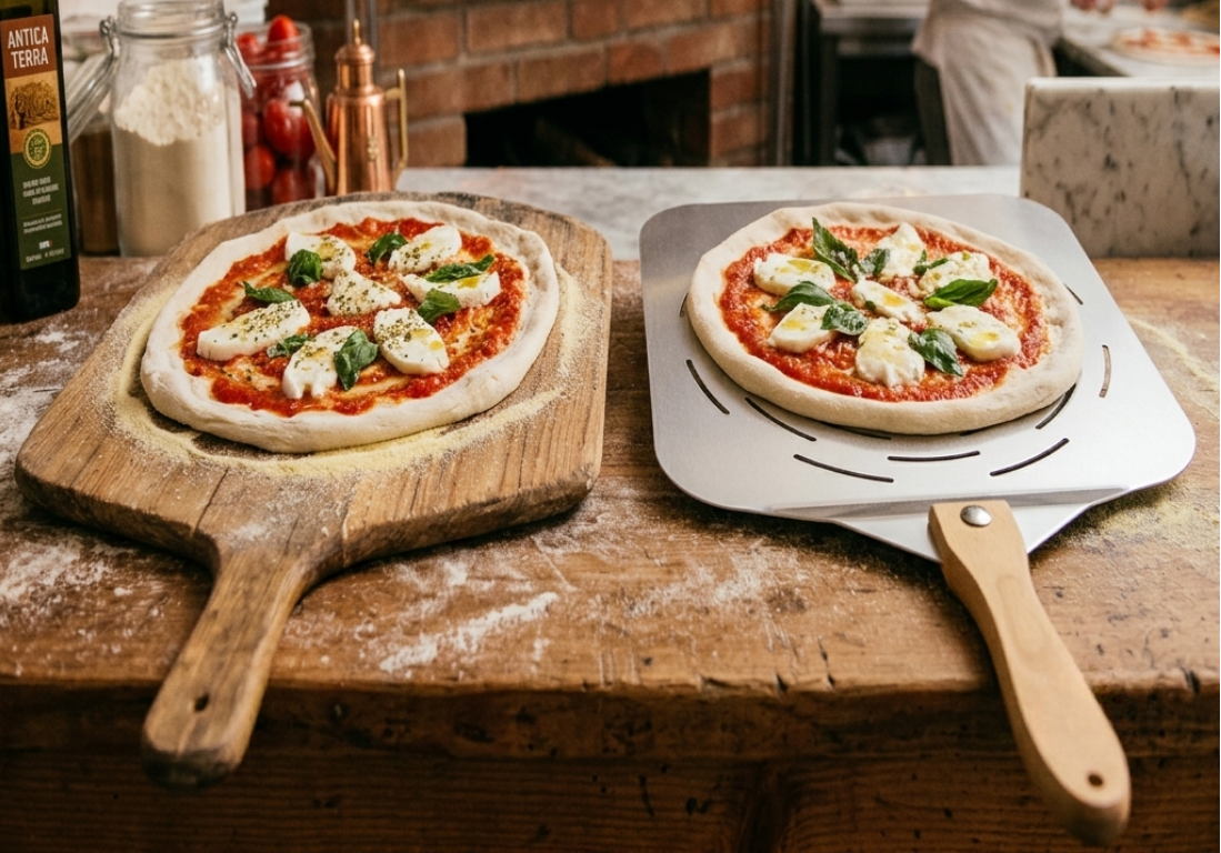 Two Margherita pizzas, one on a wooden peel, one on a metal peel, in a pizzeria.