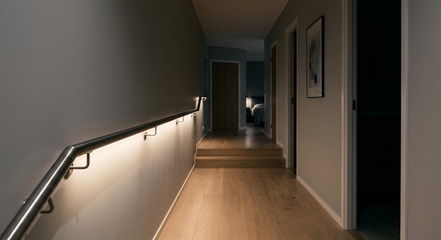 Modern hallway with wood floors, LED lit handrail, and doorways.