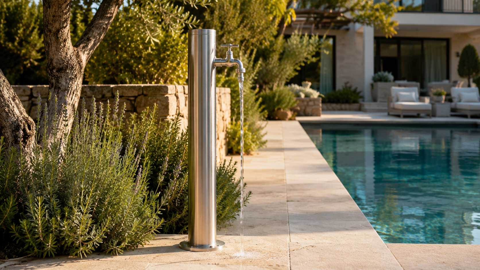 Fontana da esterno in acciaio inox installata tra giardino e piscina