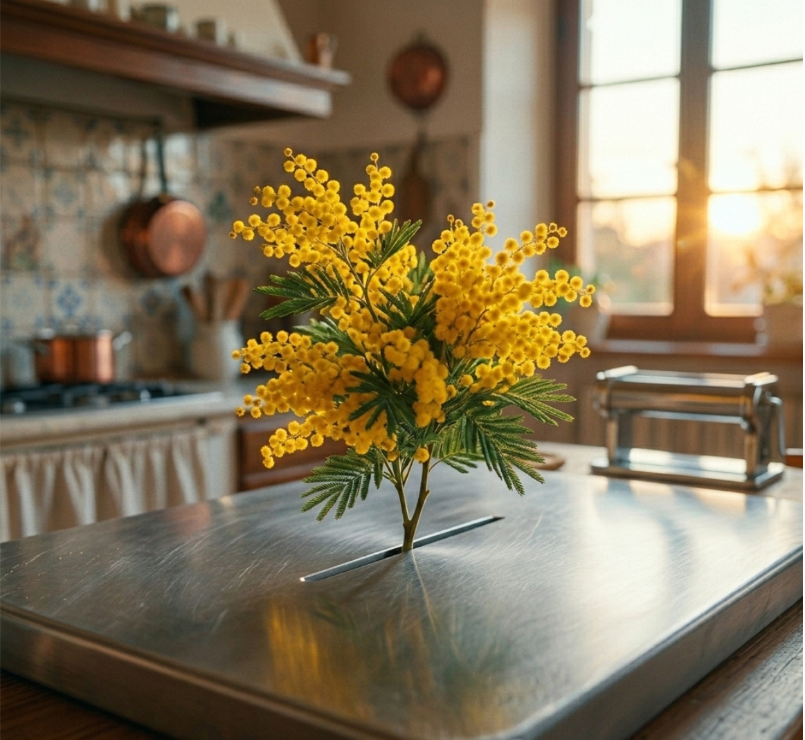 mimosa che spunta da una spianatoia inox in cucina