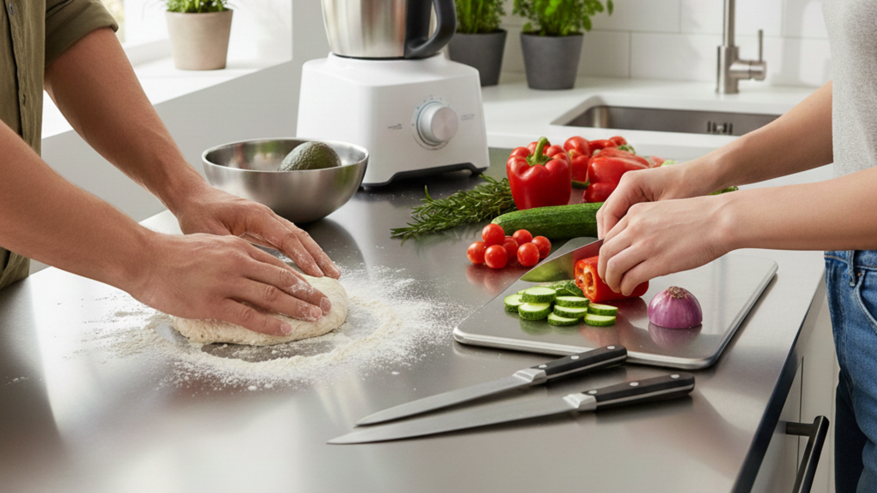 mani in cucina che preparano su spianatoia inox 