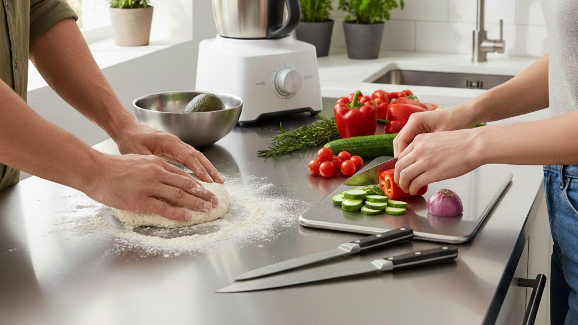 mani in cucina che preparano su spianatoia inox 