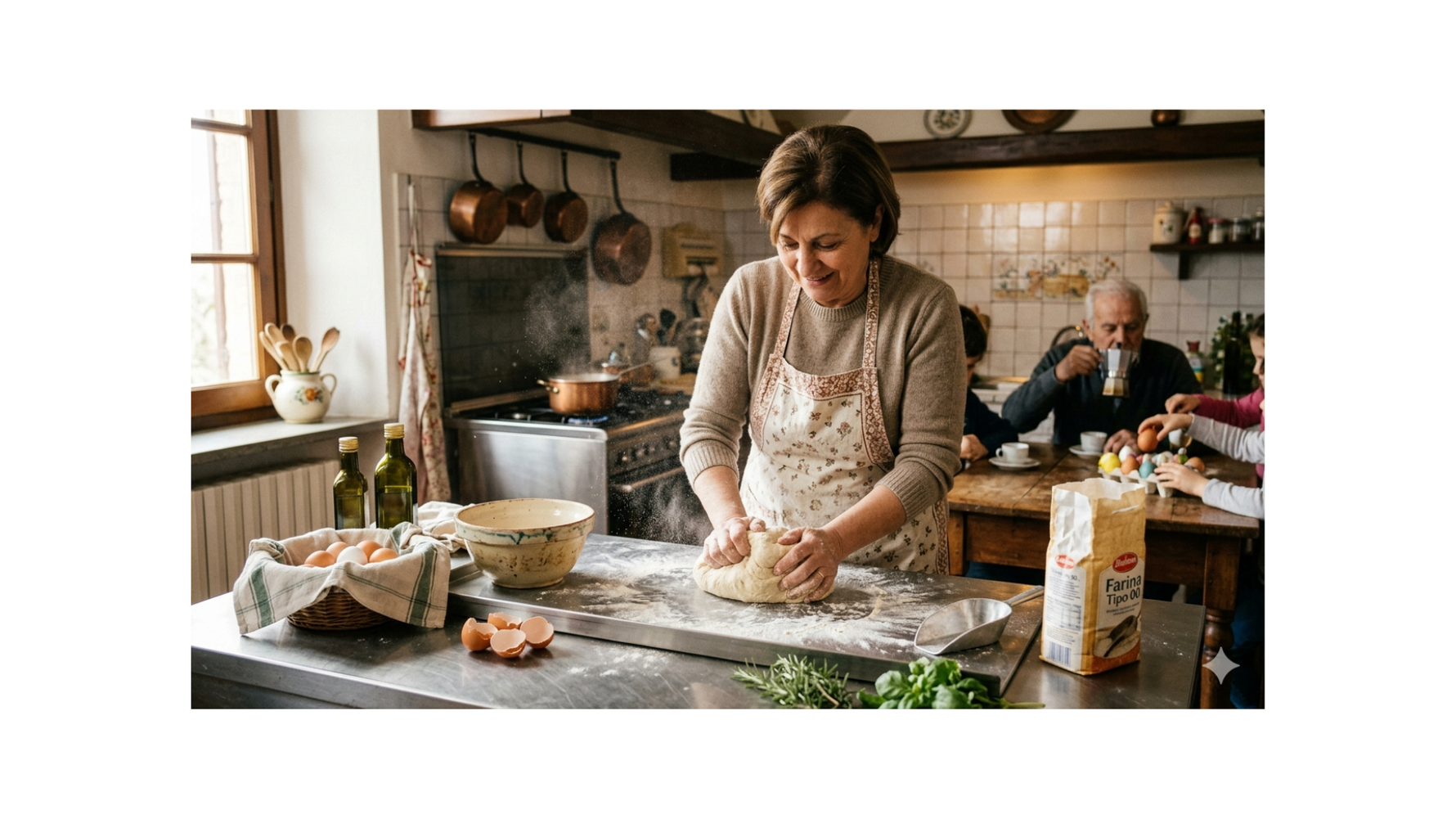 donna che impasta su spianatoia inox in cucina rustica con atmosfera pasquale 