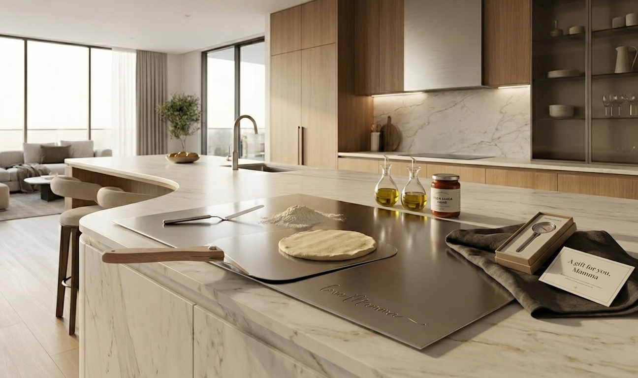 cucina moderna con accessori inox come spianatoia e pala pizza 