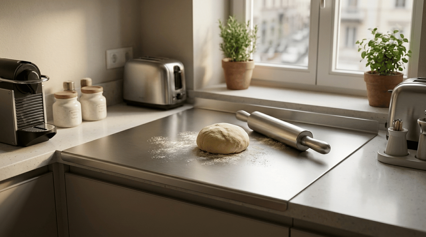 Overhead view of dough and rolling pin on stainless steel kitchen counter.