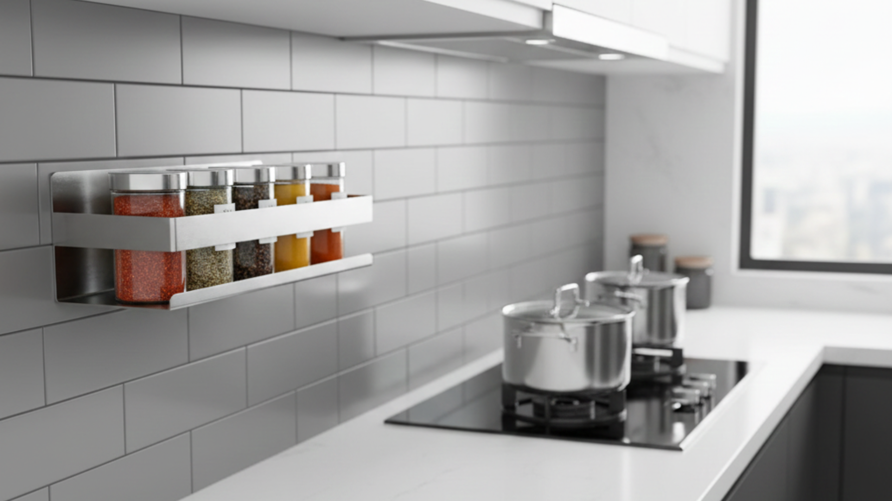 cucina moderna con porta spezie inoxlm fissato al muro