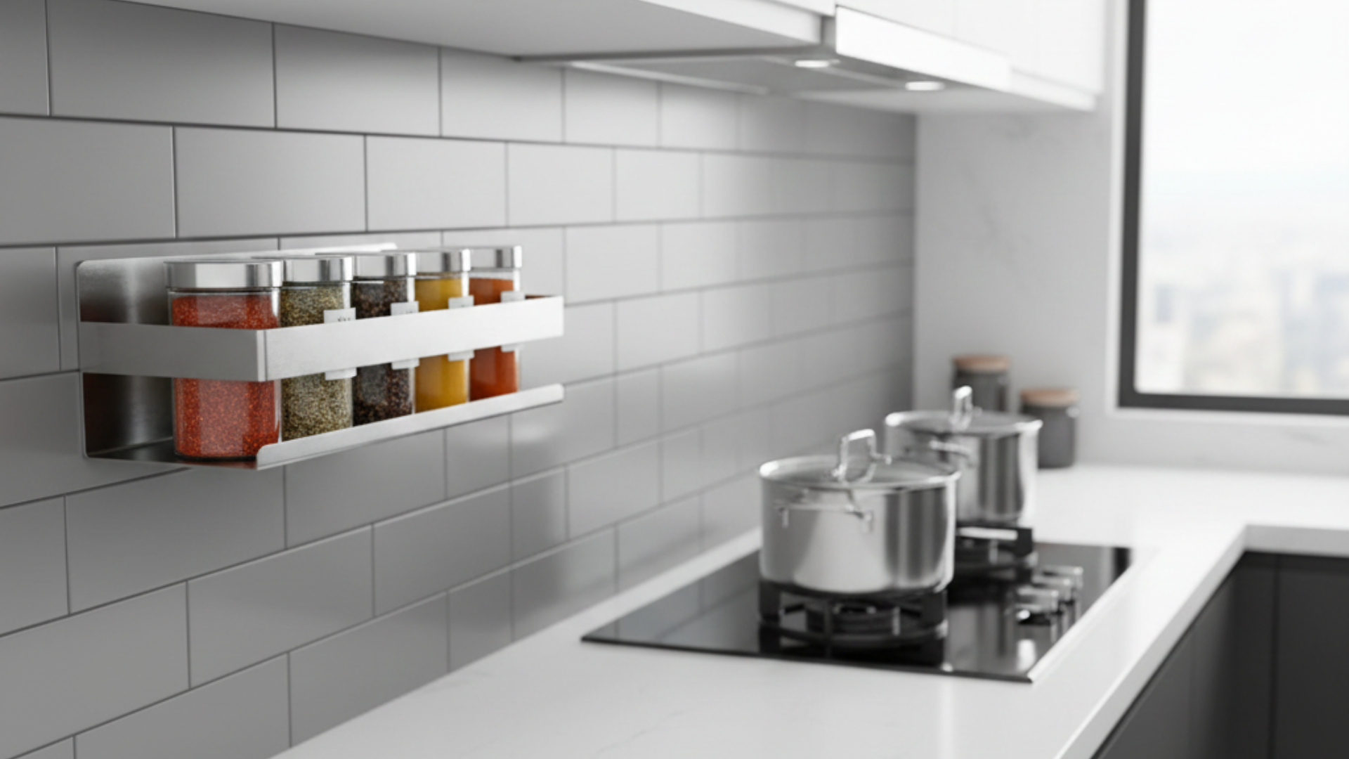 cucina moderna con porta spezie inoxlm fissato al muro