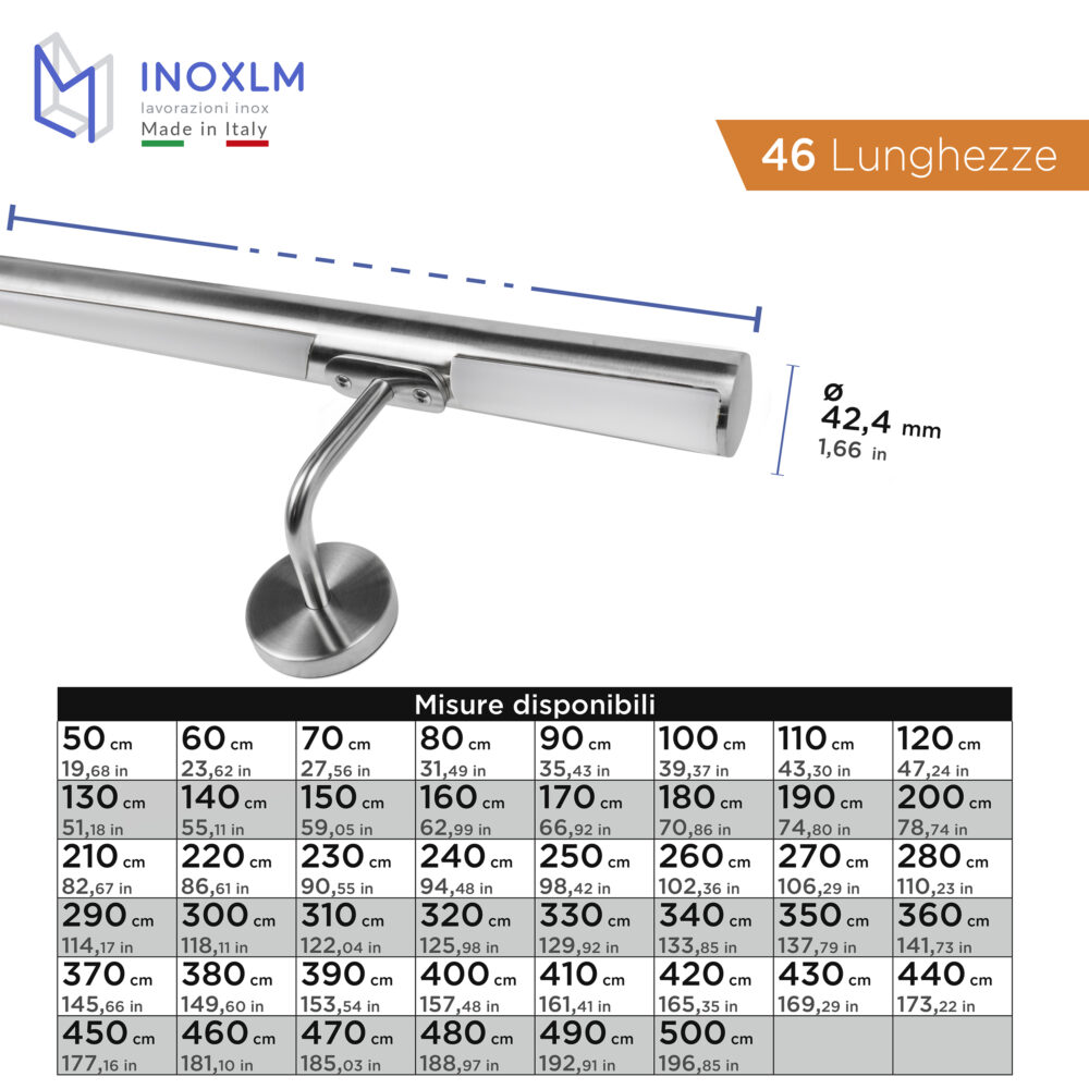 Corrimano in acciaio inox con LED luce fredda 6000K, modello TONDO.