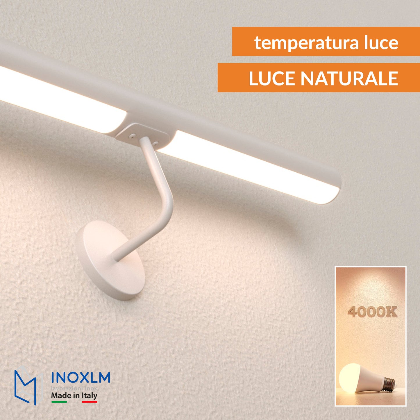 Corrimano in acciaio inox verniciato "Bianco" con LED Luce Naturale 4000k, modello TONDO