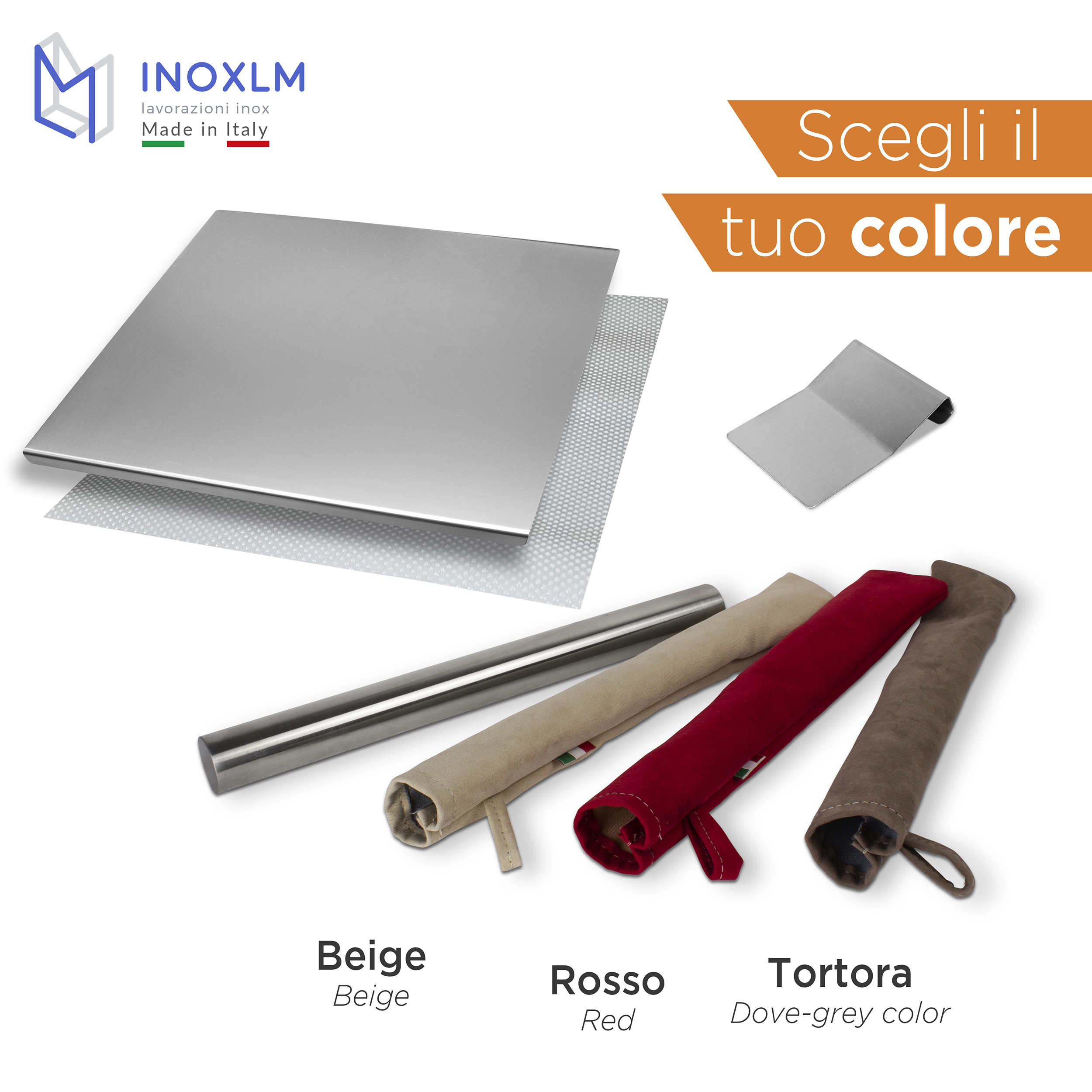 BOX Tagliere / Spianatoia Acquario + Tarocco / Spatola + Mattarello in acciaio  inox - Inoxlm
